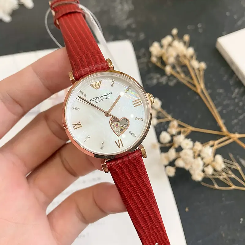 Emporio Armani Automatic MOP White Dial Red Ladies Watch- AR60048